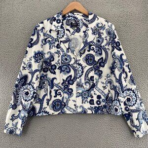 Jones New York Blazer Womens Extra Large Blue Floral Linen Blend Open Pockets